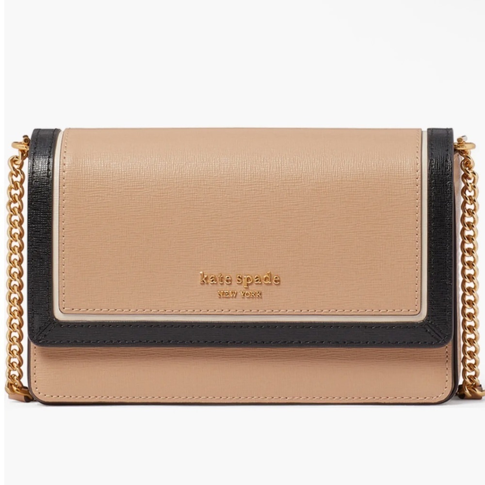 kate spade Beige and Black Leather Crossbody Bag with Gold Chain